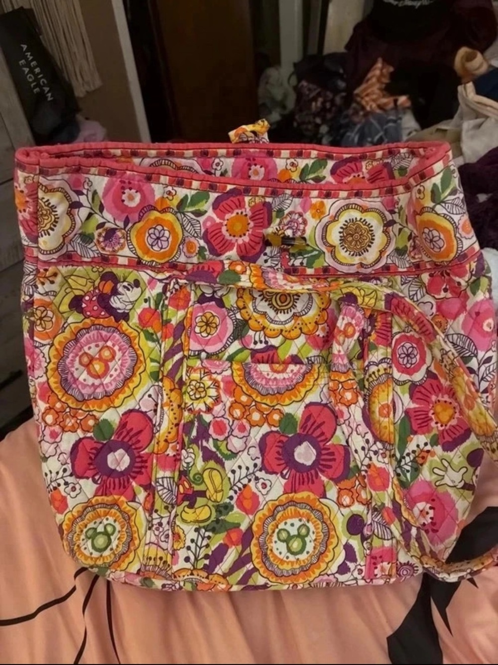 Vera Bradley Mickey Mouse Vera YoPink Floral Quilted Tote with Multicolor Blooms